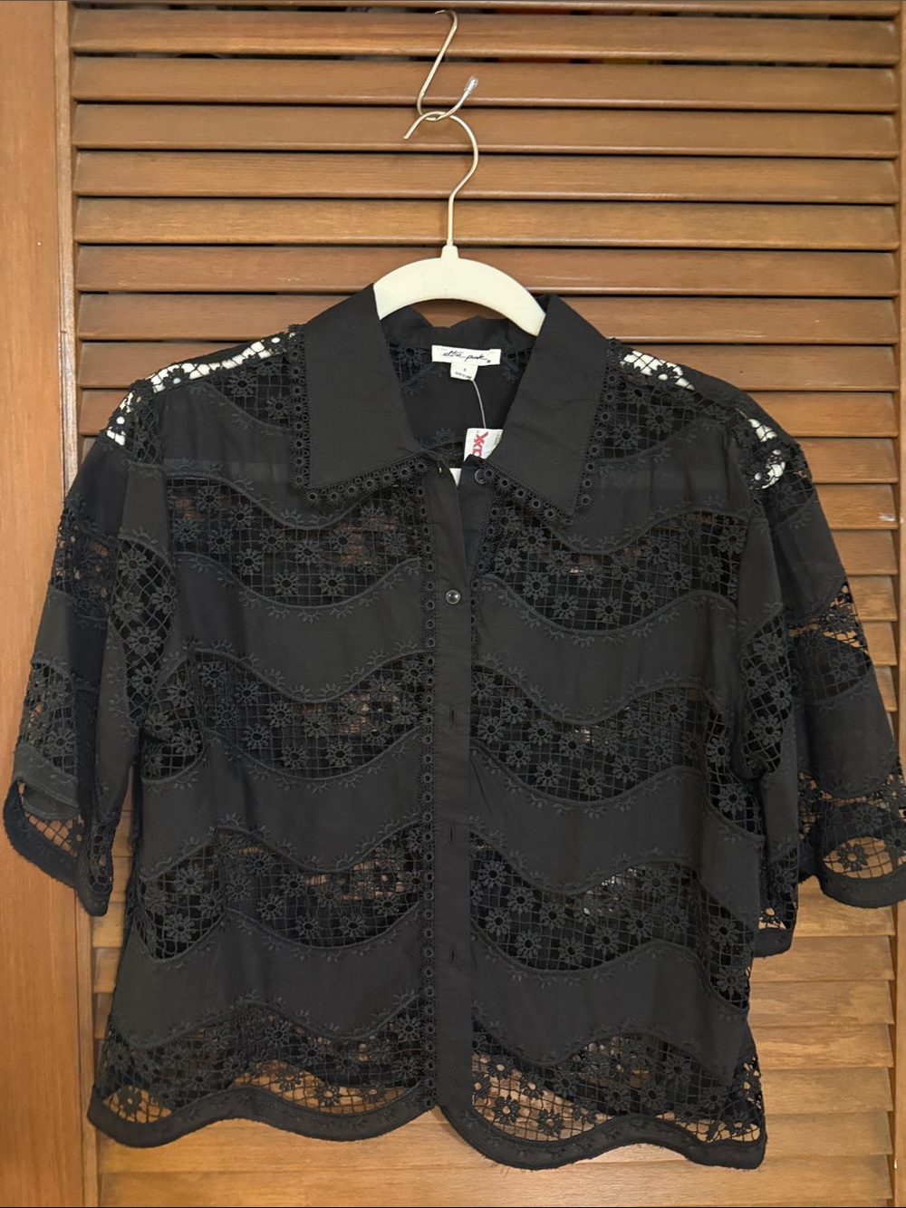 Ultra Pink Black Eyelet Lace Button-Front Blouse